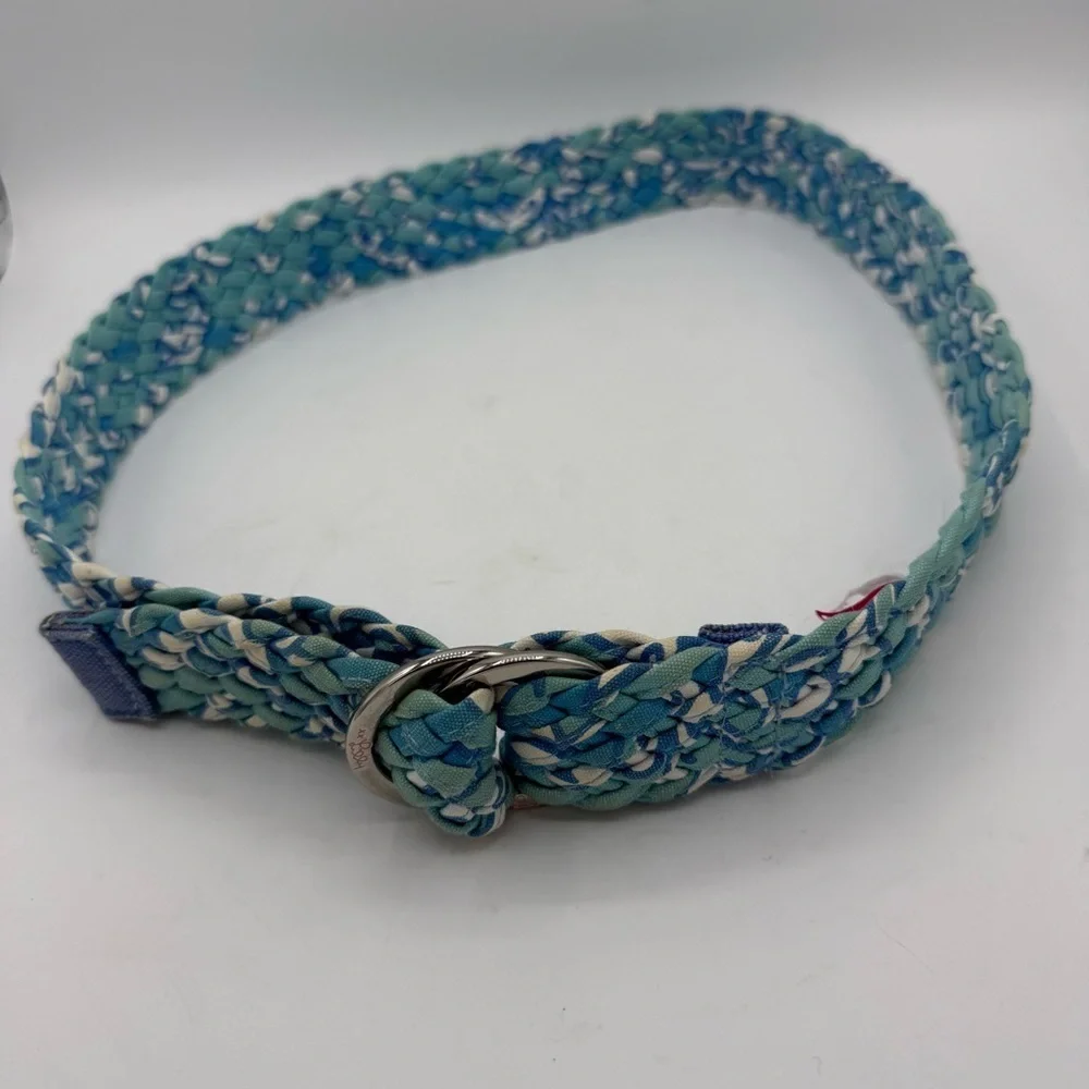 Lilly Pulitzer Woven Belt Braid silver D Ring Cotton Size Medium blue Aqua white